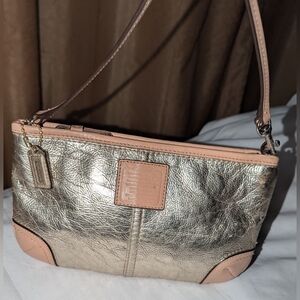 Coach Vintage Y2K Metallic Gold Leather Baquette Wristlet with Beige LeatherTrim